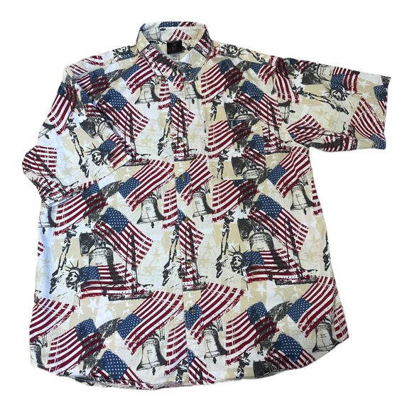 King University Patriotic Flag Print Short Sleeve Cotton Button Down Size L - Picture 1 of 3